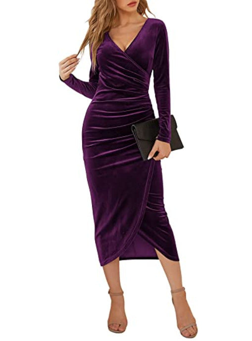 Velvet V-Neck Wrap Dress with Irregular Hem for Women