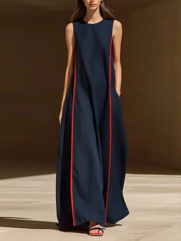 Women's Sleeveless Linen Blend Maxi Dress with Side Stripe Detail - Image 6