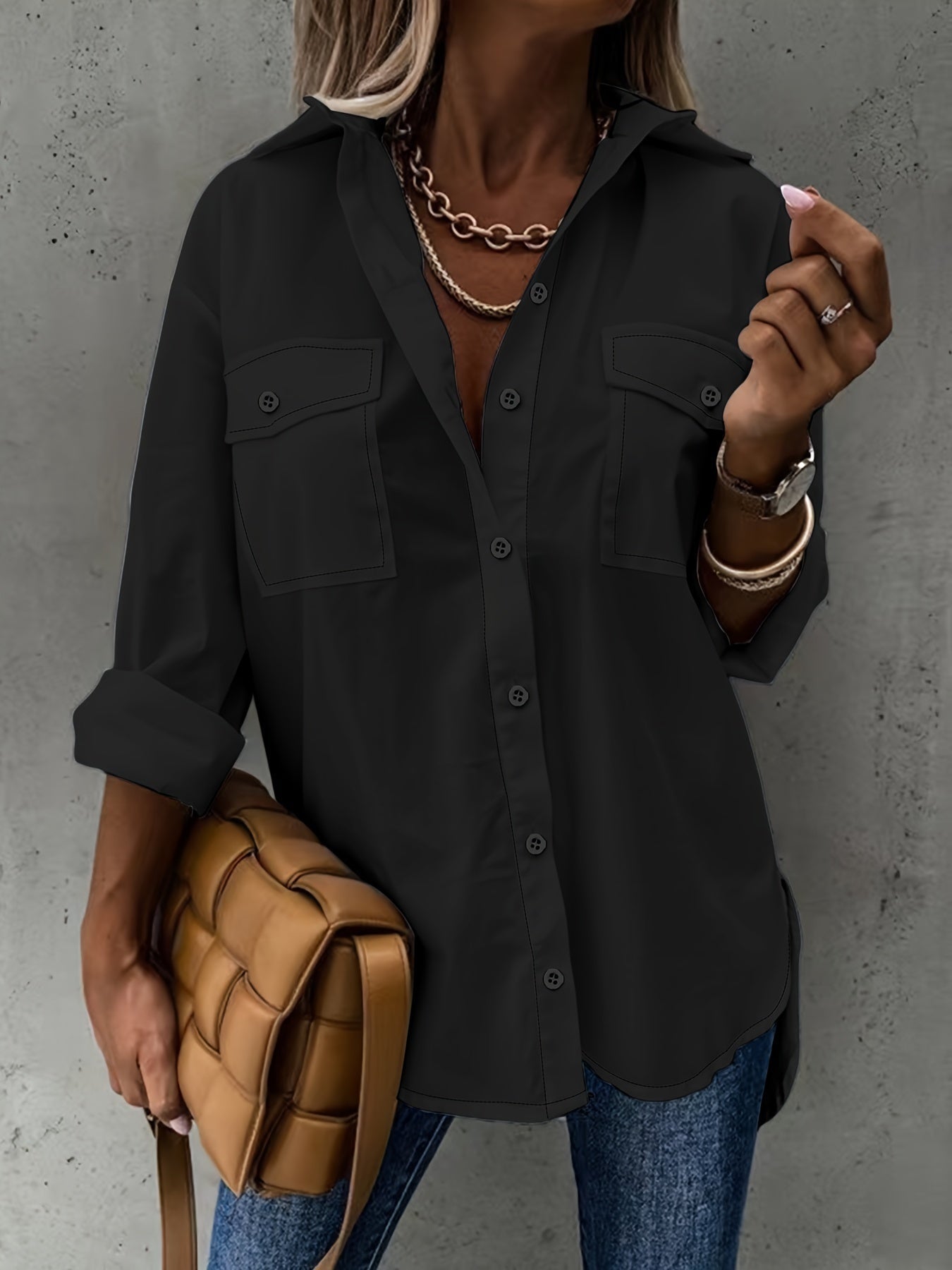 Women's Long Sleeve Button Down Shirt with Pocket Detail - Image 9