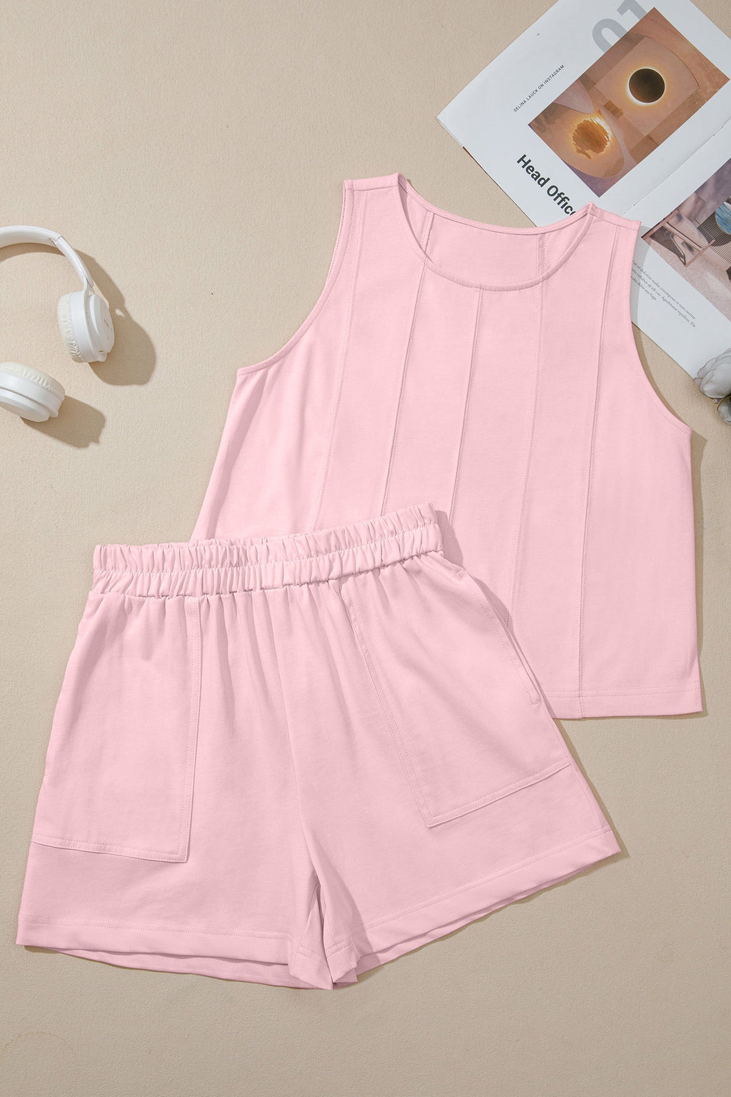 Solid Stitched Tank Top and Elastic Waist Shorts Set