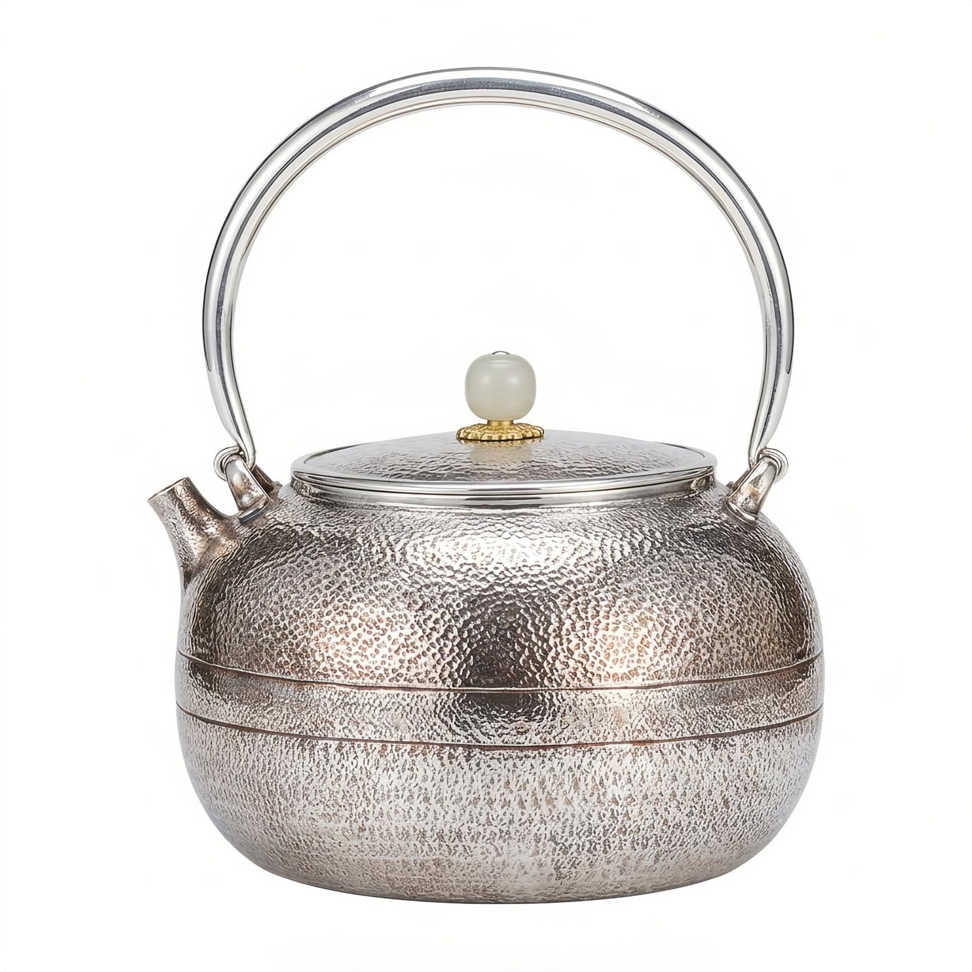 Handcrafted 999 fine silver teapot with hammered texture and a white stone lid finial.