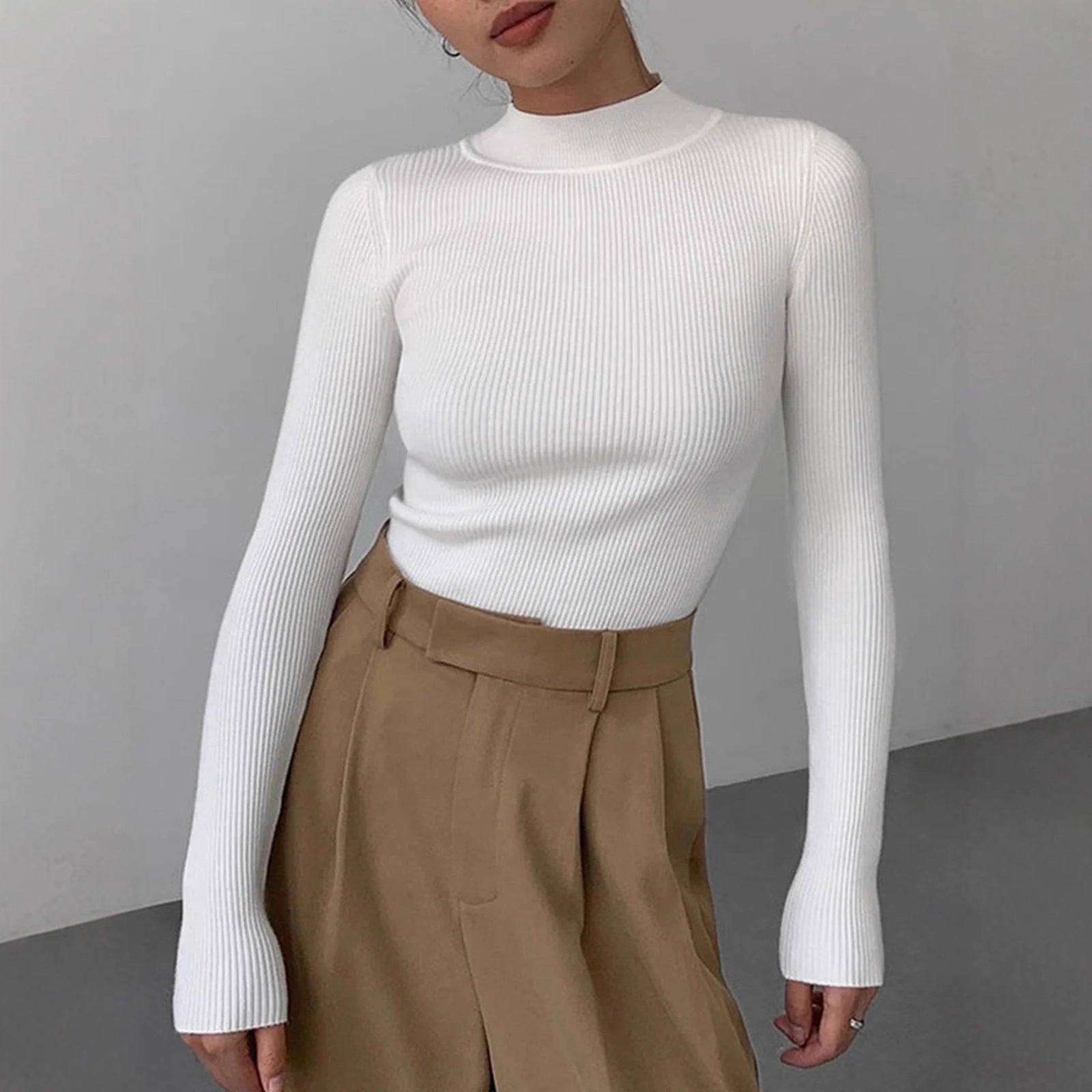 Women's Slim Fit Ribbed Crew Neck Long Sleeve Knitted Sweater - Image 3