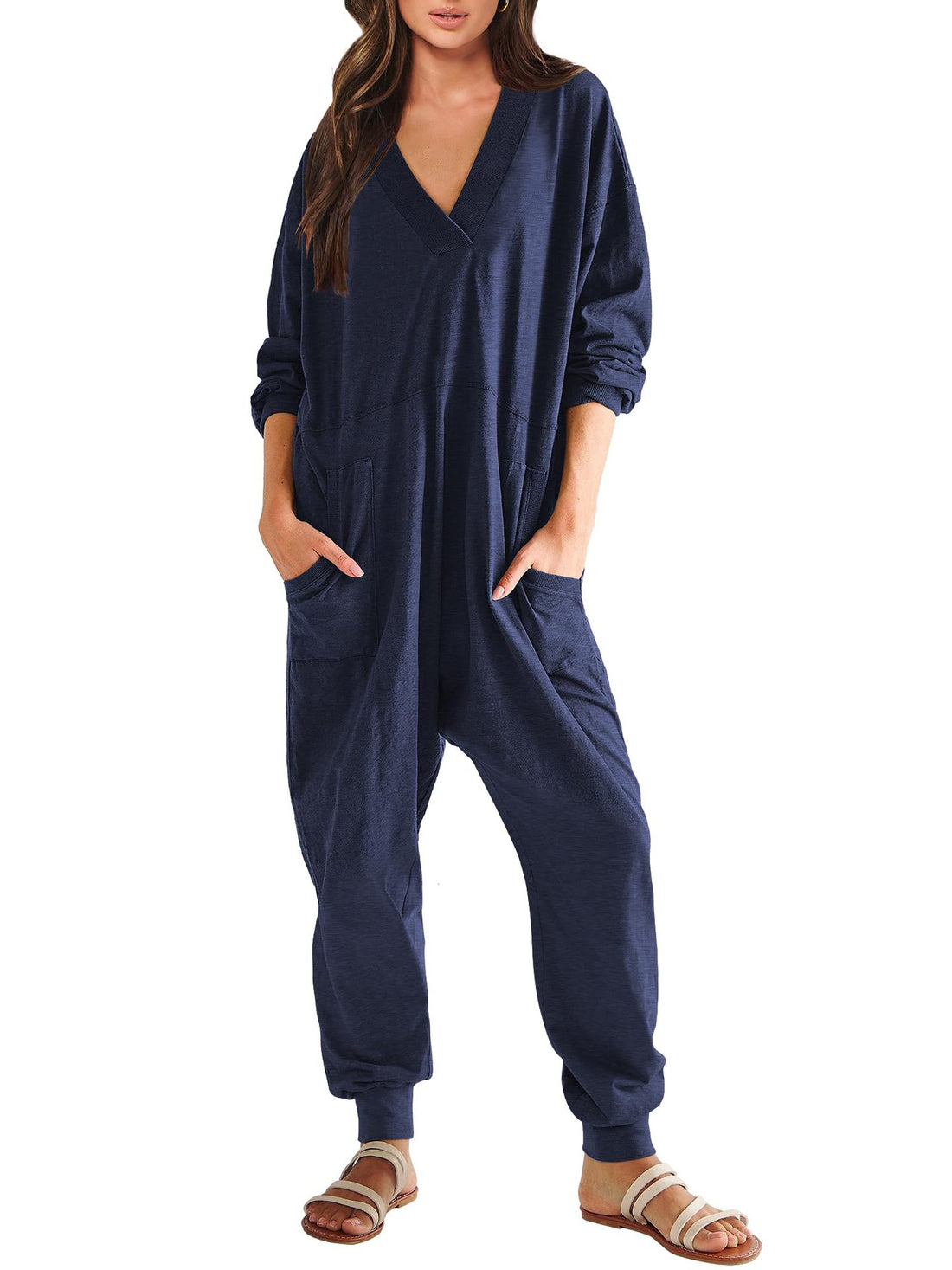 Women’s V-Neck Long Sleeve Solid Color Jumpsuit with Pockets