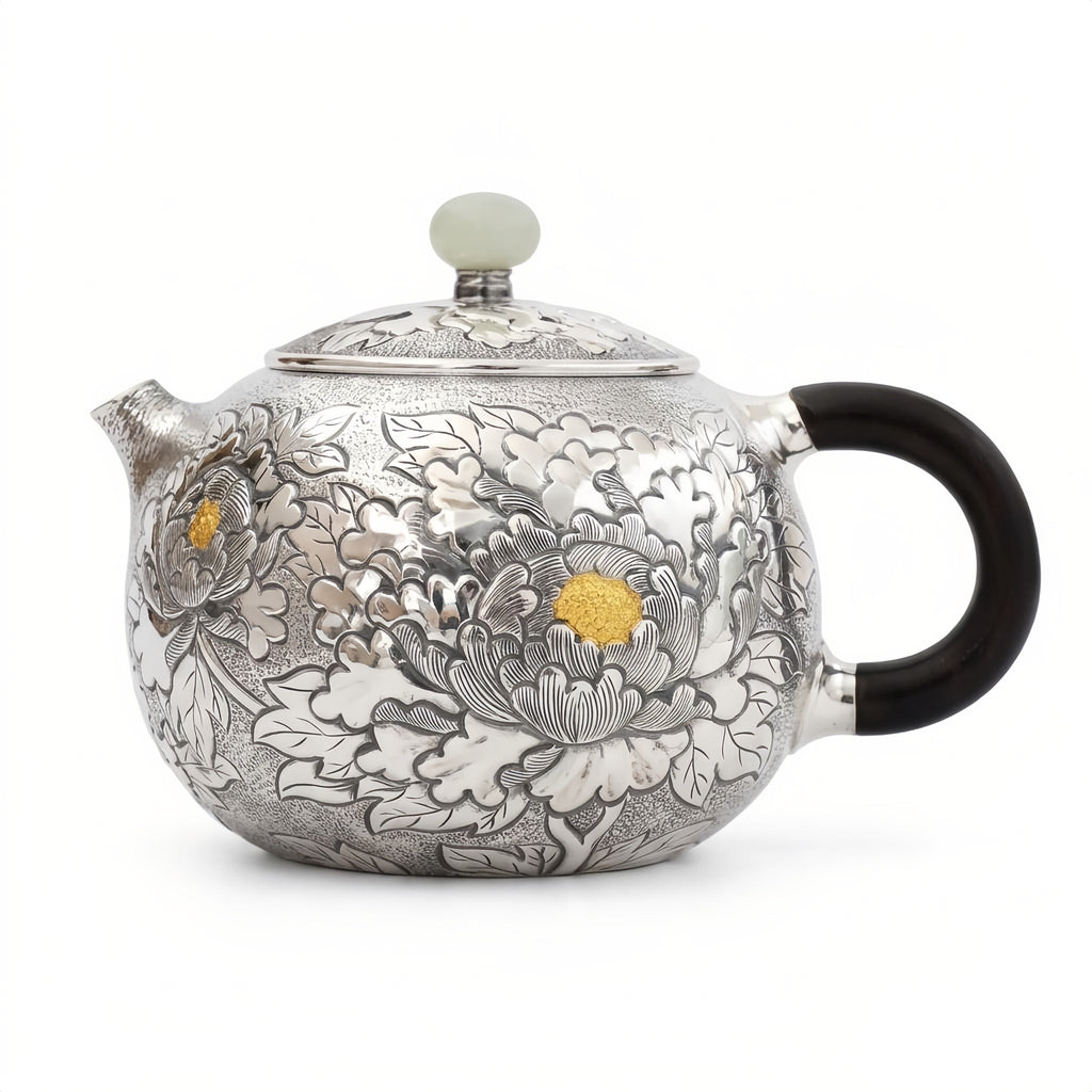 Handcrafted 999 Fine Silver Peony Teapot with Ebony Handle & Jade