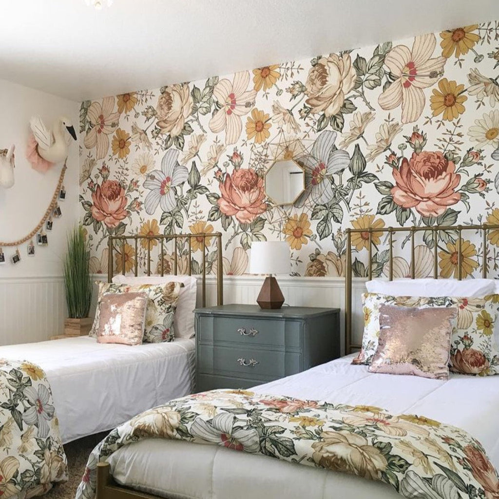 Mila vintage floral bohemian wallpaper in cream, muted orange, and sage-green