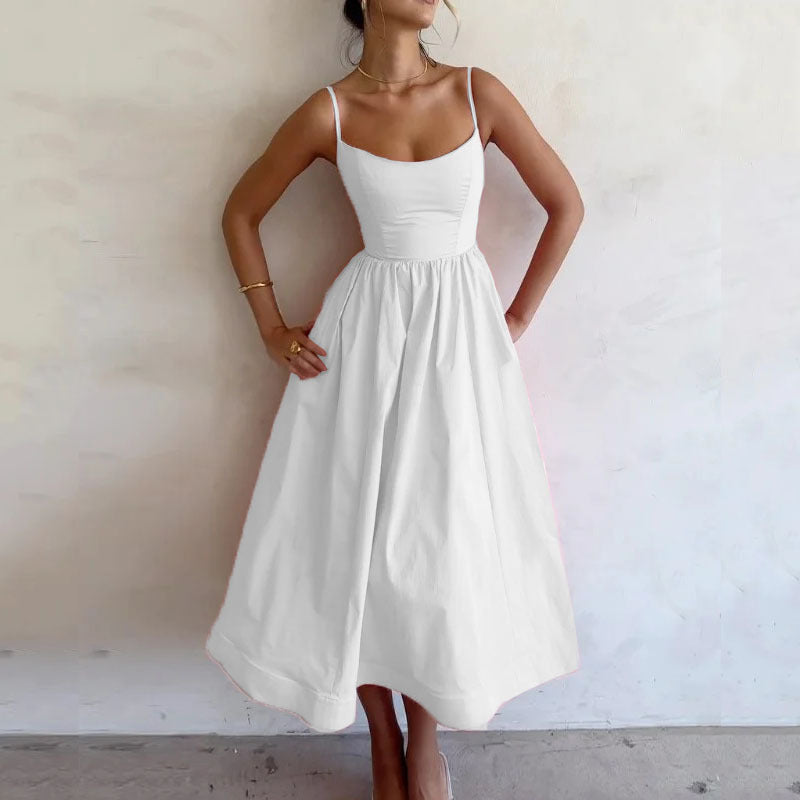 Women's Solid Color Sweet Suspender Midi Dress Summer Casual - Image 5