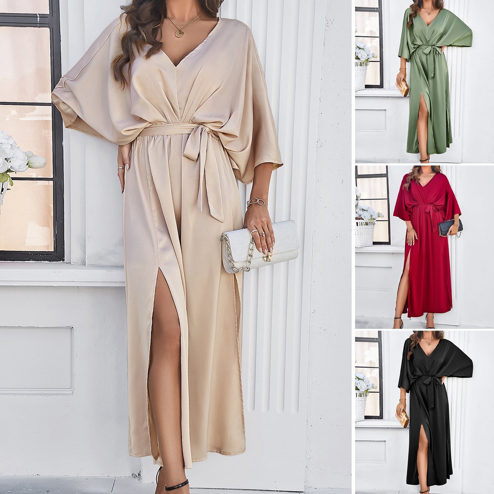 Women's V-Neck Bat Sleeve Long Dress with Split Hem and Lace-Up