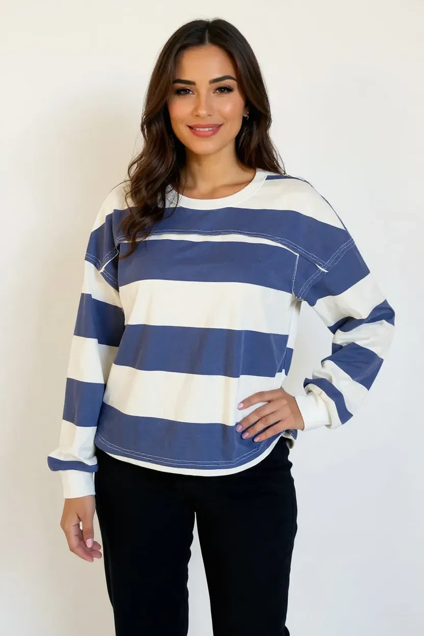 Pima Cotton Striped Long Sleeve T-Shirt | Exposed Seam Crew Neck