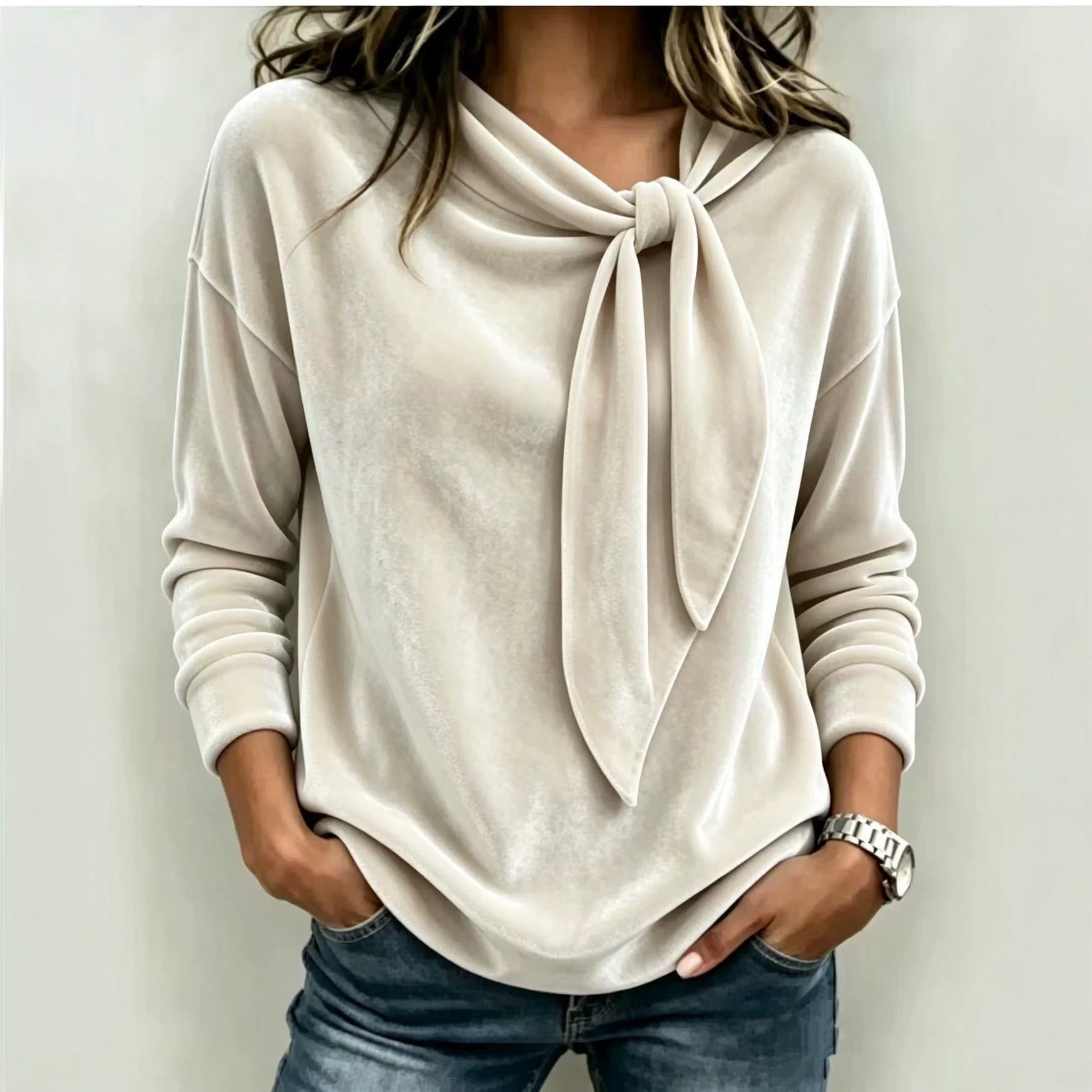 Solid Color Long Sleeve Bow Top – Loose Fit Scarf Collar
