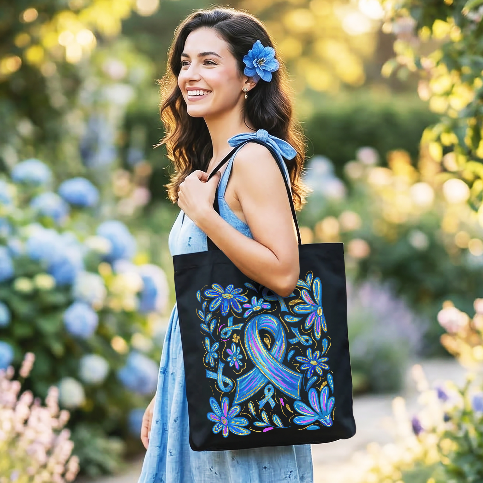 Diabetes Awareness Blue Ribbon Floral Tote Bag Support Gift