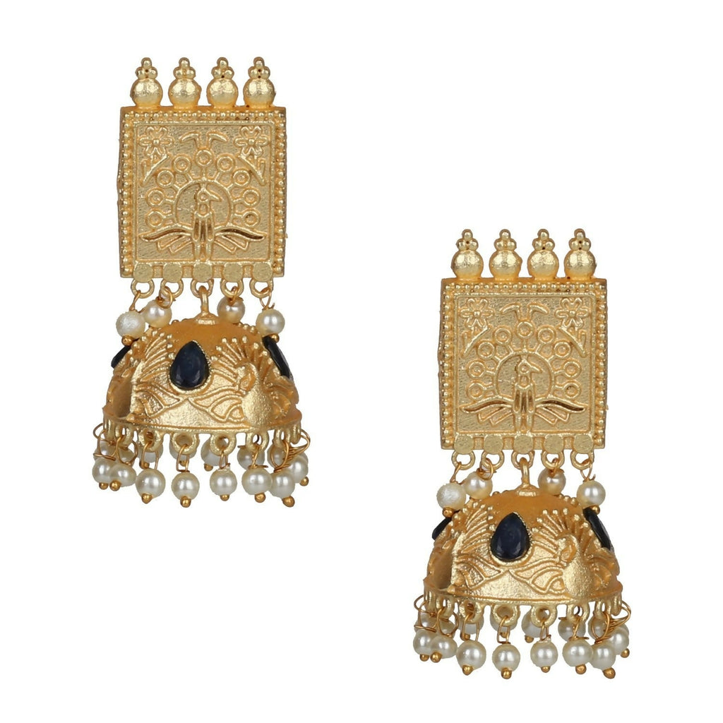 Traditional 4.5cm matte gold brass jhumka earrings with detailed metalwork