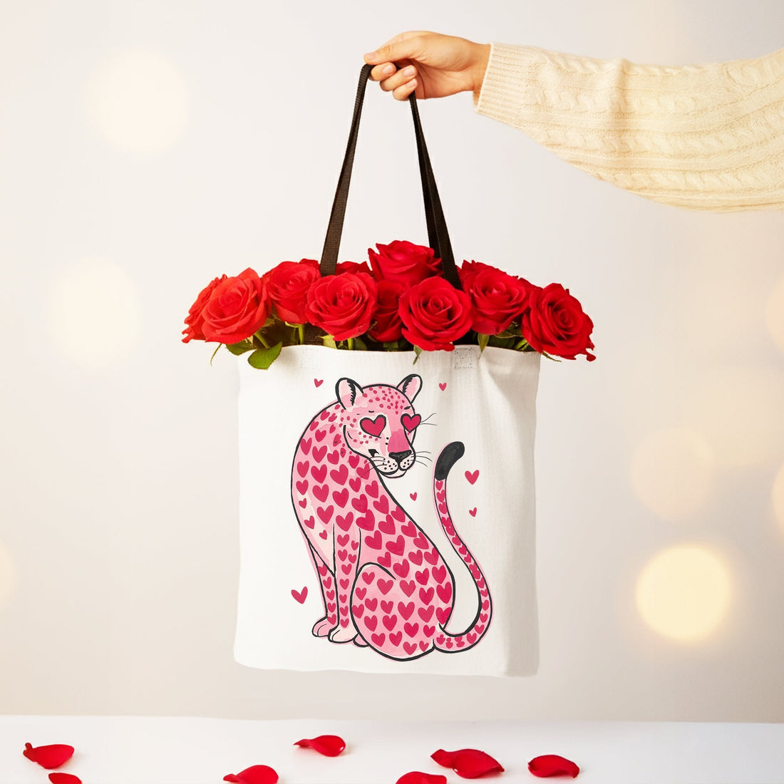 Pink leopard and heart print canvas tote bag for urban style