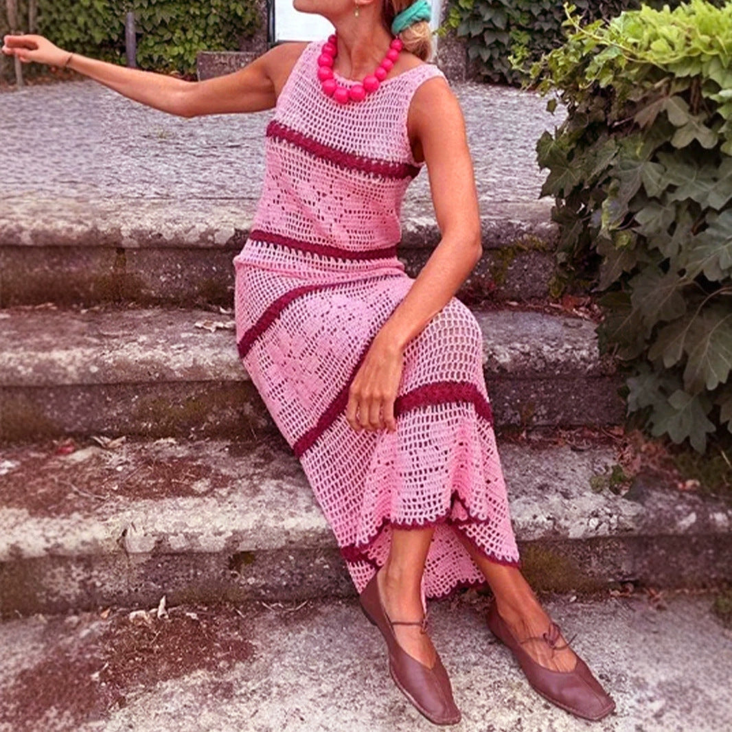 Knitted Contrast Color Hollow Vest Dress – Sleeveless Long Skirt