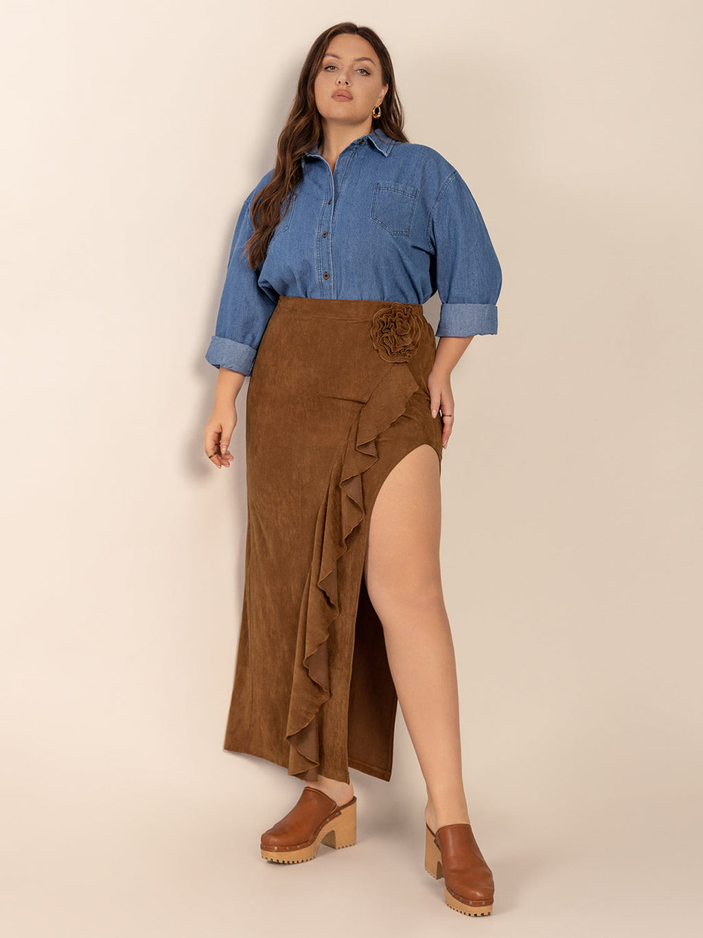 Ruffled Slit High Rise A-Line Skirt in Brown | Floor Length