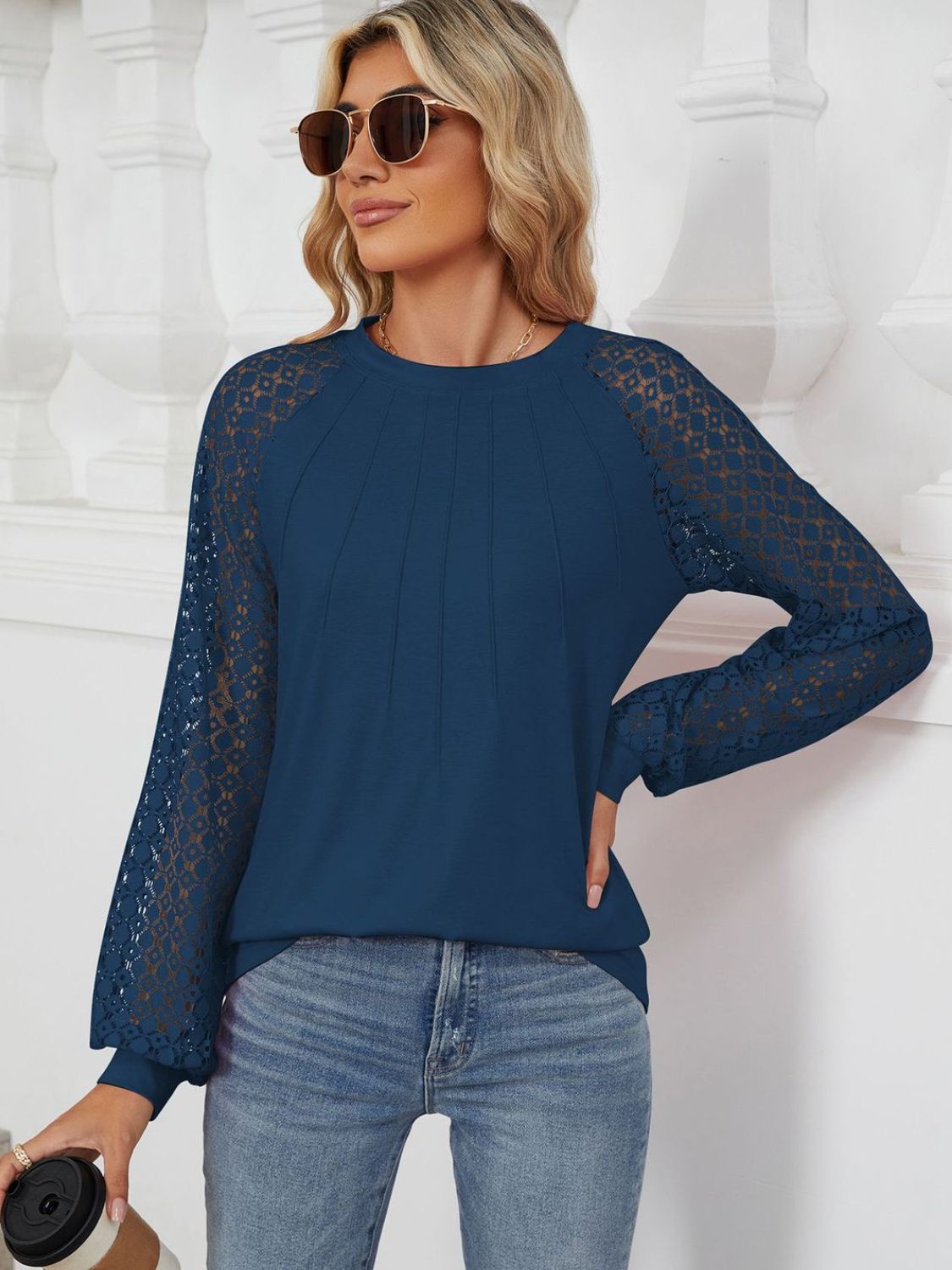 Women's White Round Neck Long Sleeve Lace Detail Casual Top - Image 8