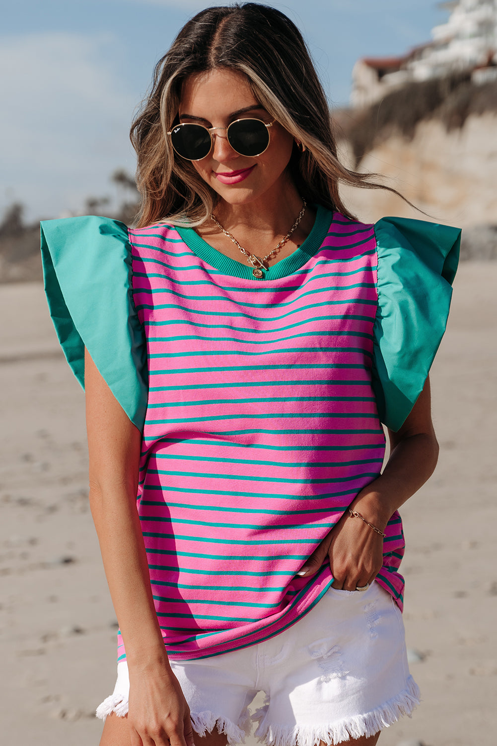 Stripe Colorblock Ruffle Sleeve Crewneck Blouse