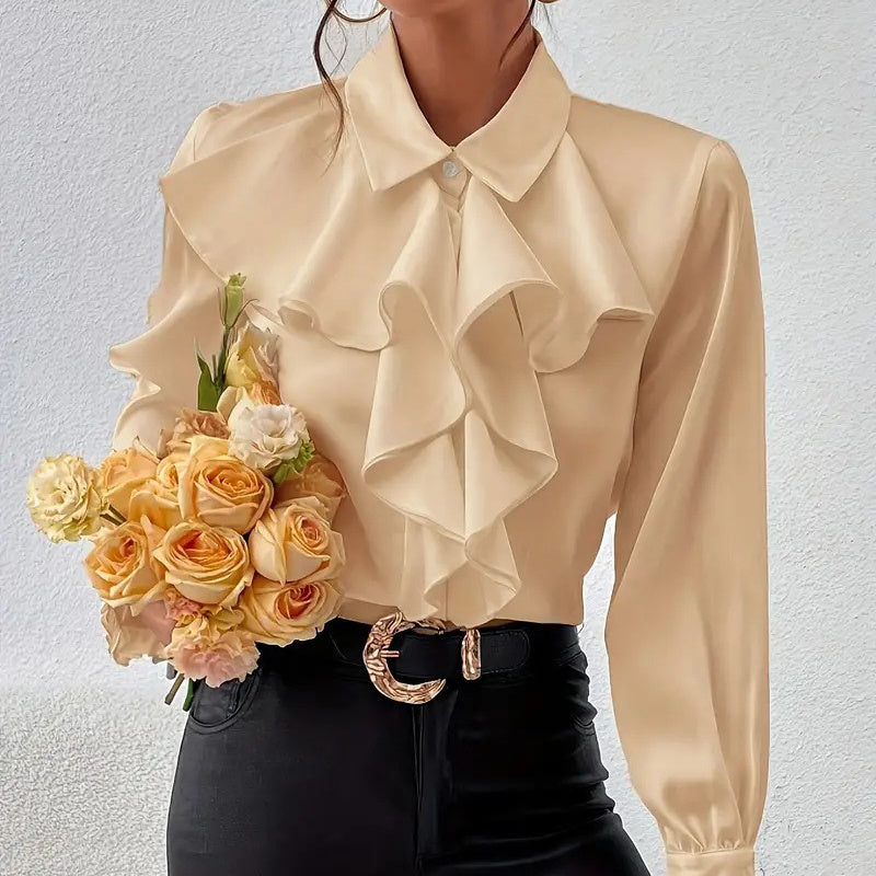 Women Ruffled Collared Long Sleeve Blouse Dressy Work Top