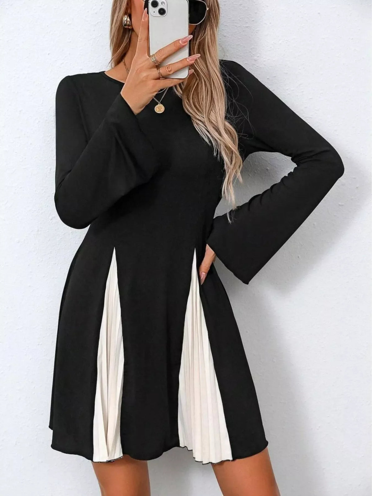 Pleated Flare Sleeve Mini Dress