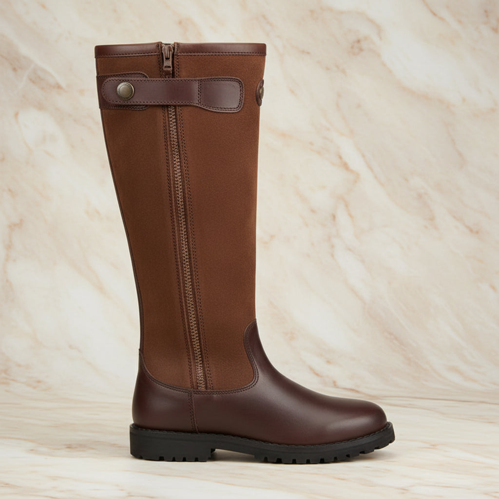 Retro Knee-High Riding Boots | Color-Block PU Upper | Side Zip Equestrian Boot