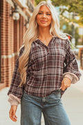 Women's Brown Plaid Patchwork Long Sleeve Hooded Top