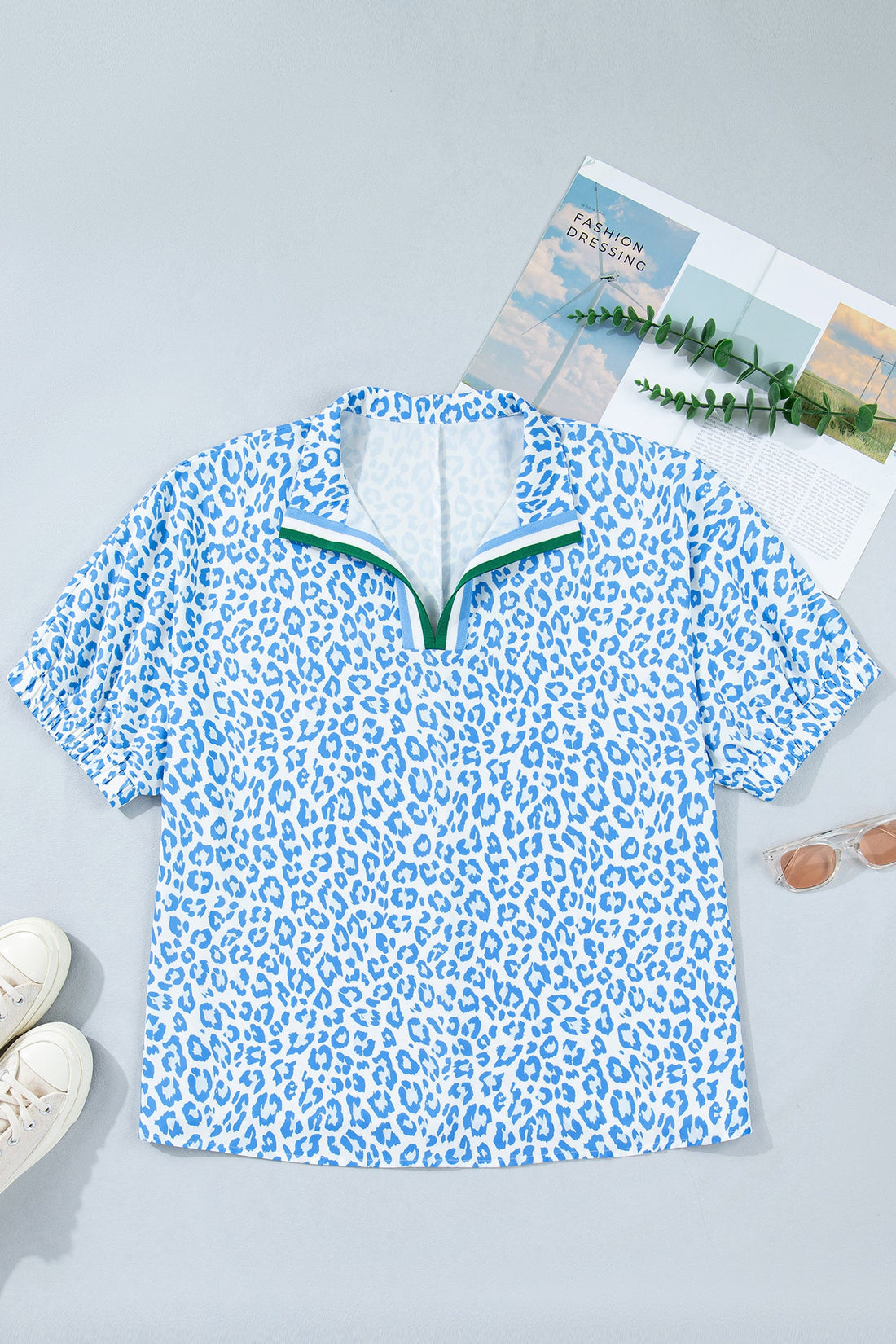 Leopard Stripe V-Neck Short Sleeve Blouse in Blue White Green