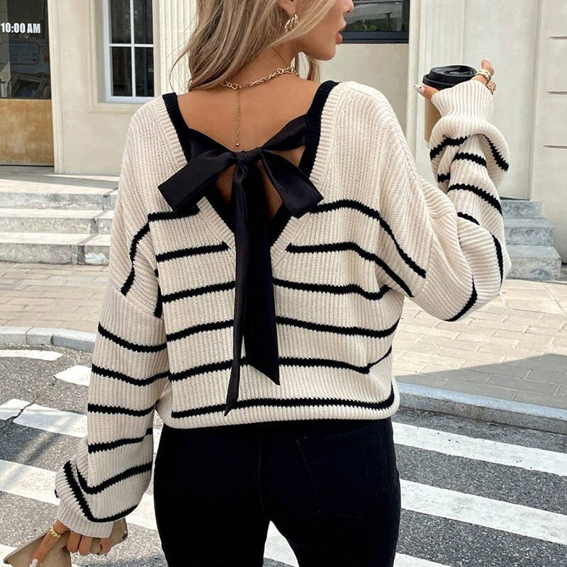 Women's Striped V-Neck Sweater with Chic Back Bow Detail - Image 3