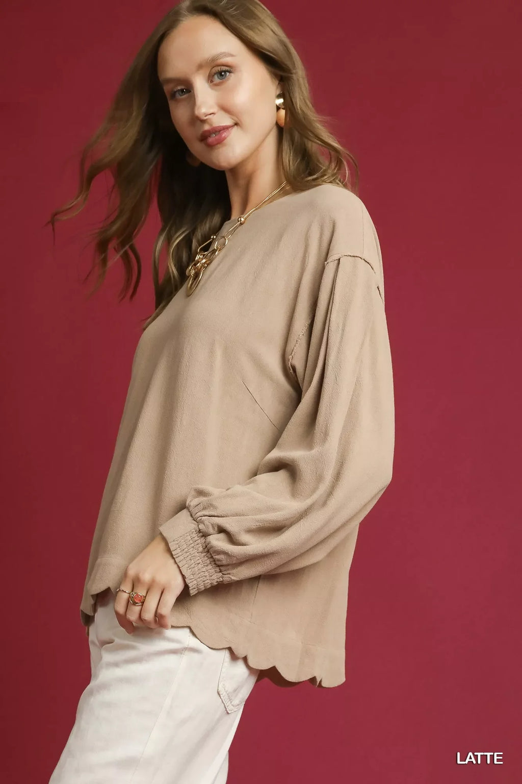 Latte Linen Scallop Hem Long Sleeve Blouse