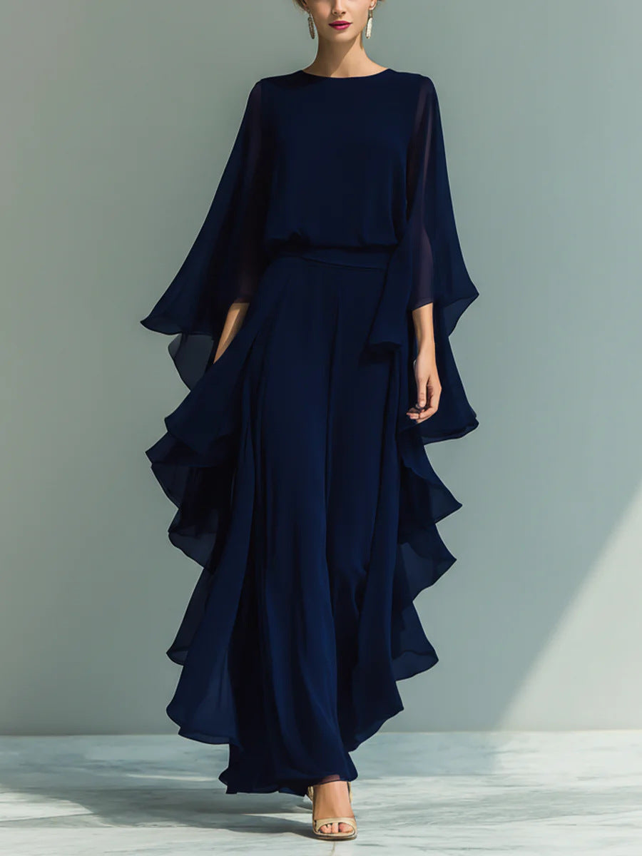Ruffle Edge Wide-Leg Pants Set - Elegant Two-Piece Outfit