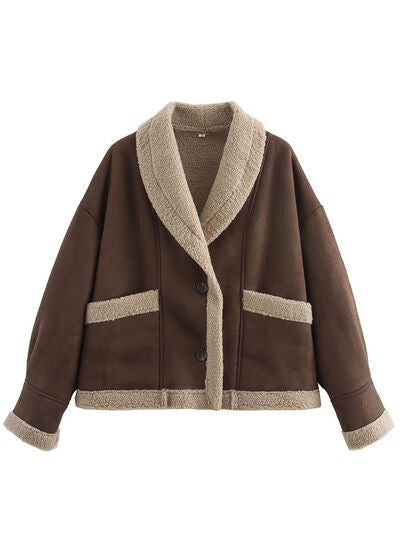 Women’s Fuzzy Collared Long Sleeve Jacket with Button Closure