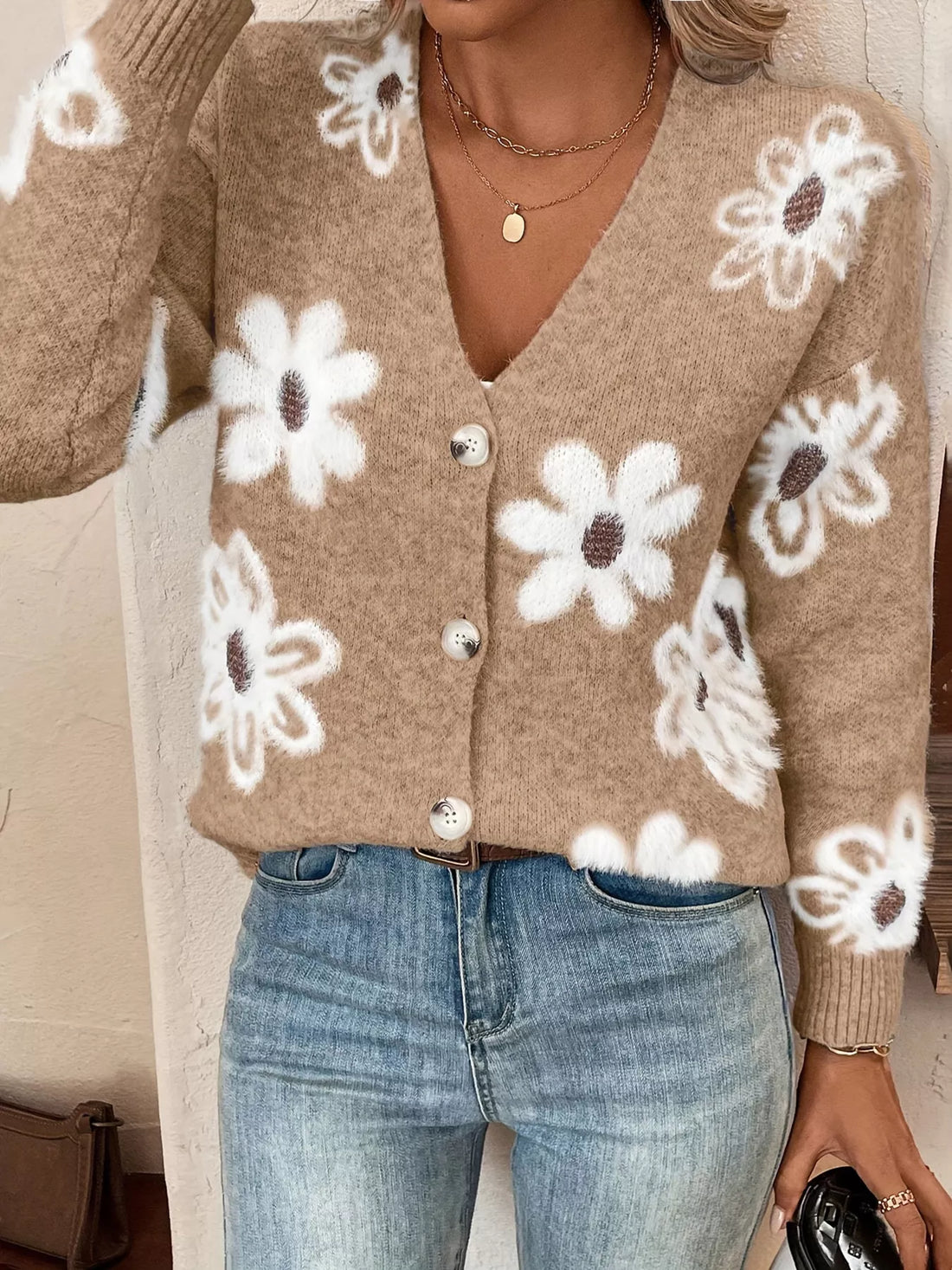 Floral Print Button-Up Knit Cardigan