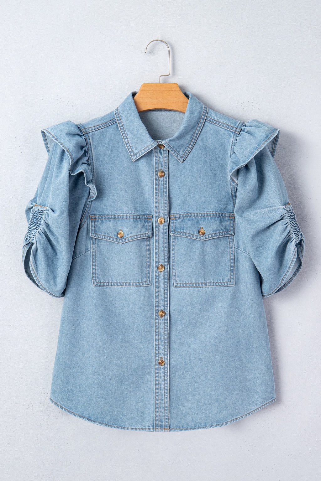 Ruffle Detail Puff Sleeve Button-Down Denim Shirt