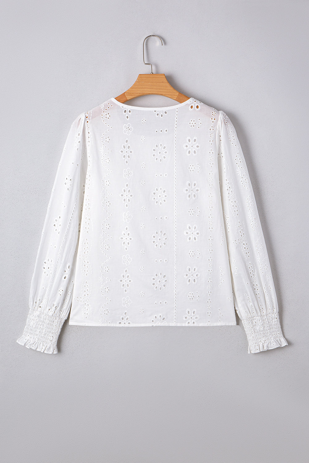 White Solid Eyelet Embroidered Long Sleeve Smocked Blouse - Image 7