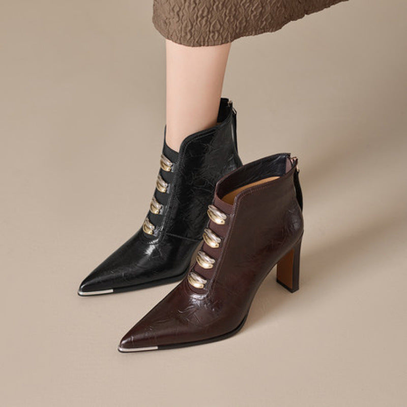 Women's Pointed Toe Chunky Heel Ankle Boots with Metal Accents - Image 4