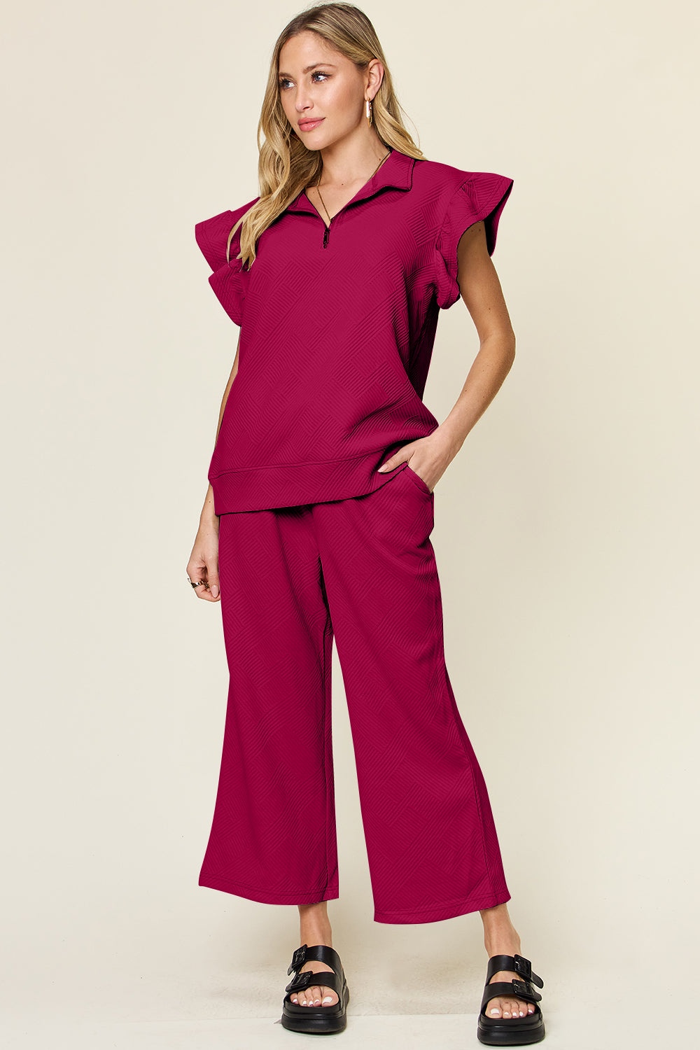 Textured Ruffle Top & Drawstring Wide Leg Pants Set