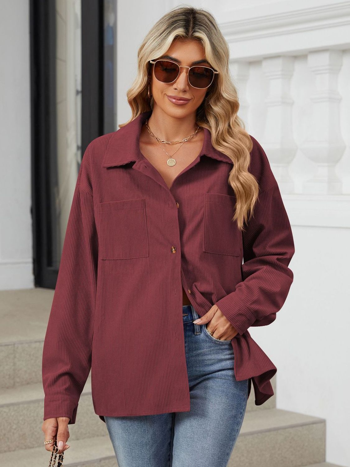 Rayon Button Up Dropped Shoulder Long Sleeve Shirt