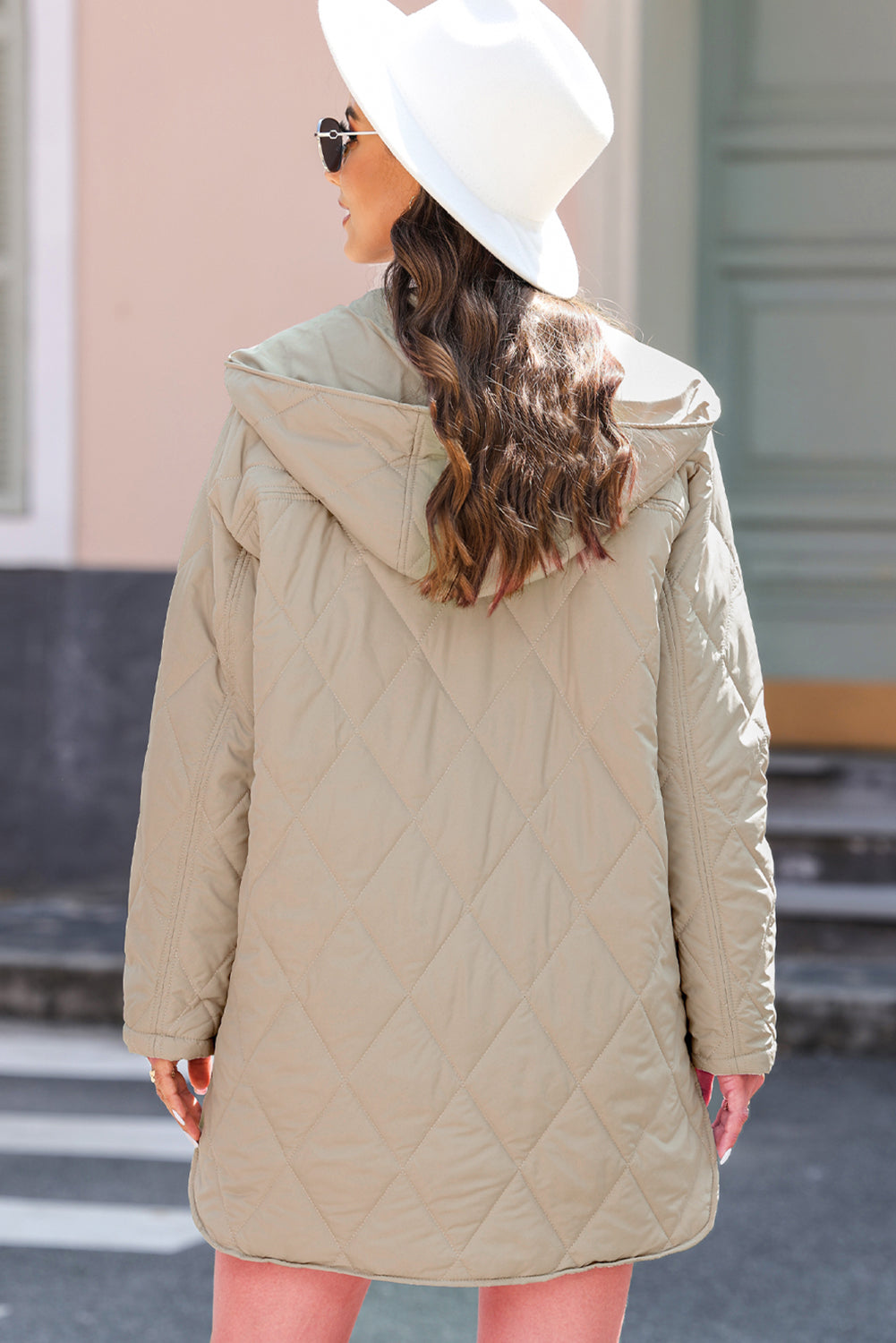 Women's Solid Quilted Snap Button Hooded Puffer Coat in Beige Khaki
