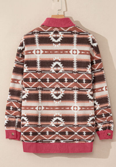Deep Rose Geometric Print Jacket with Corduroy Trim