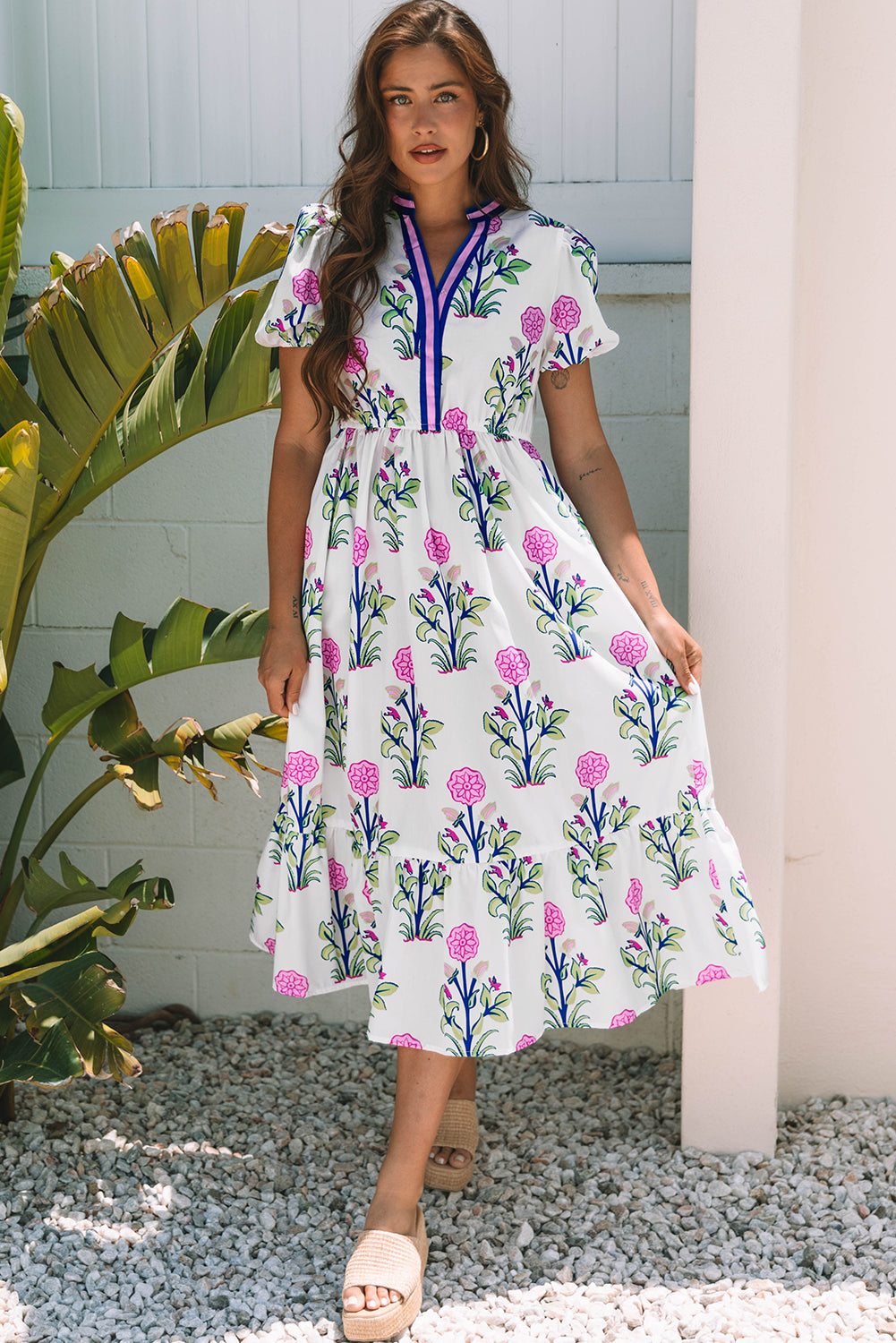White Floral Puff Short Sleeve V Neck High Waist Maxi Dress