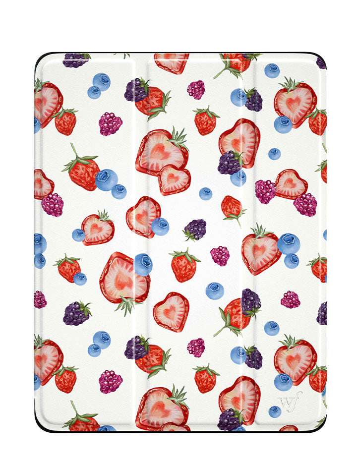 Fruit Tart iPad Pro 12.9 inch folio case with heart-shaped strawberry, raspberry, and blueberry print on white background