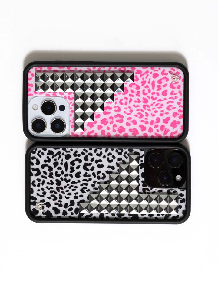 Pink Meow Stud iPhone Case with Leopard Print and Silver Details