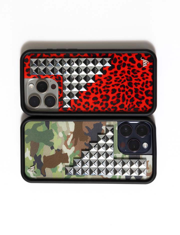 Red Leopard Print iPhone Case with Silver Stud Accents
