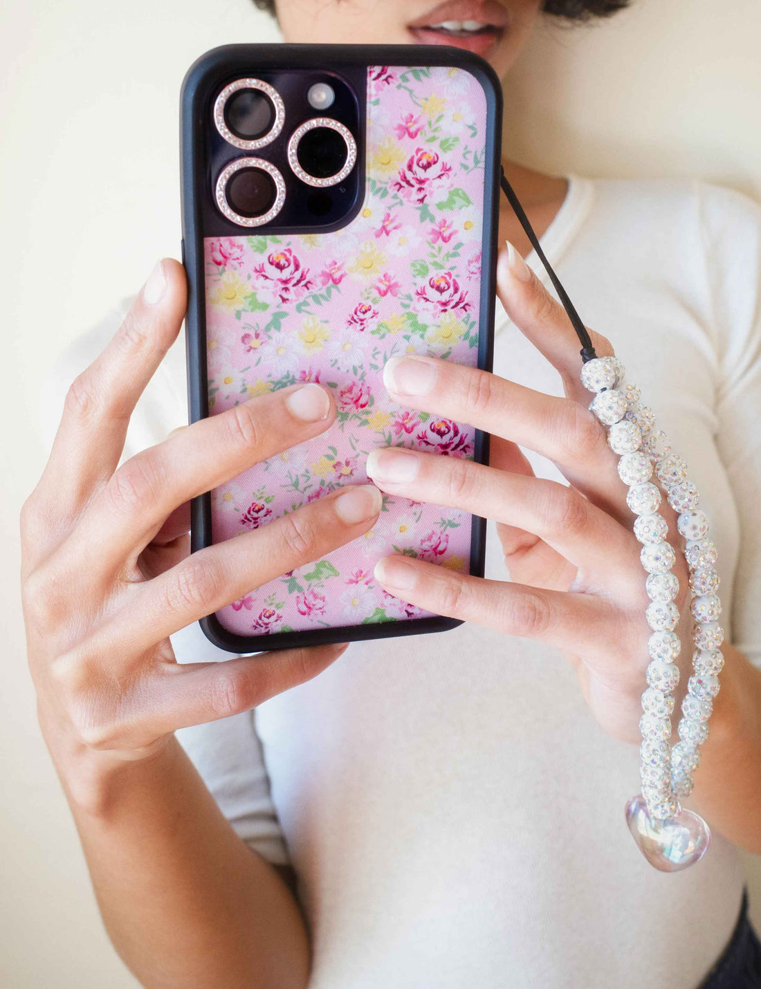 Pink Heart Rhinestone Beaded Phone Wristlet Strap