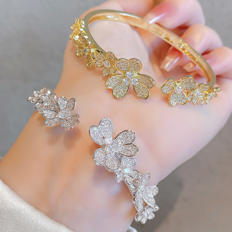 Three Flower Zirconia Open Bracelet For Women, 18K Gold, Six Flower Three-Leaf Zirconia Inlaid Bracelet, Open Bracelet