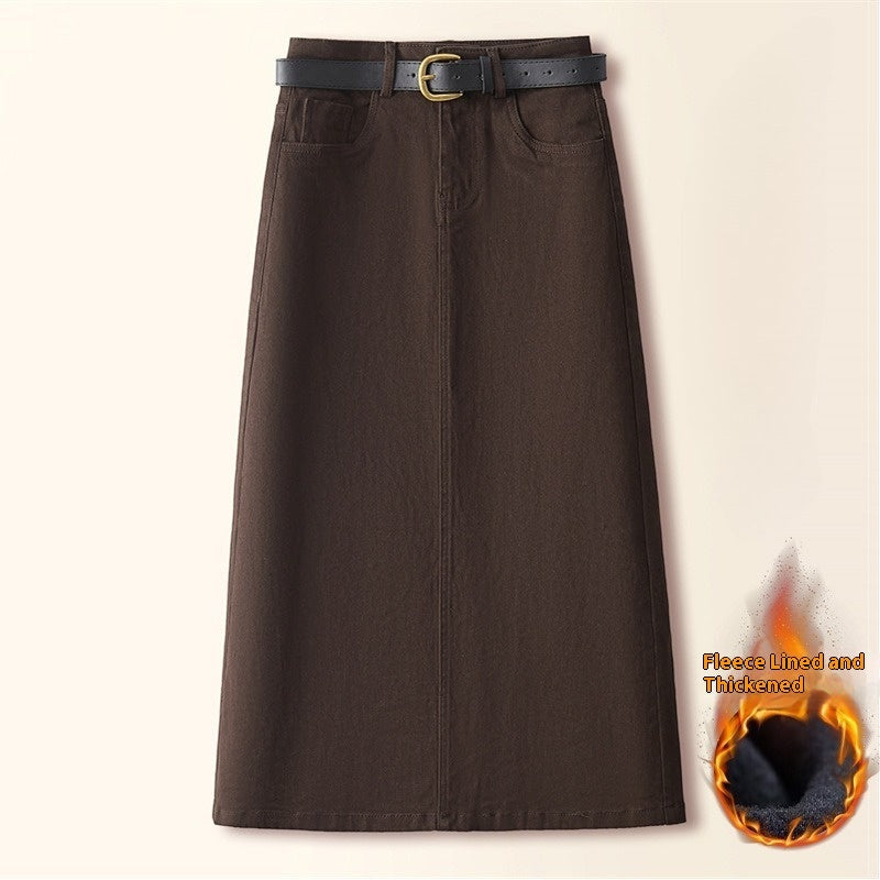 Brown A-Line Straight Skirt Retro Slit Hip Skirt
