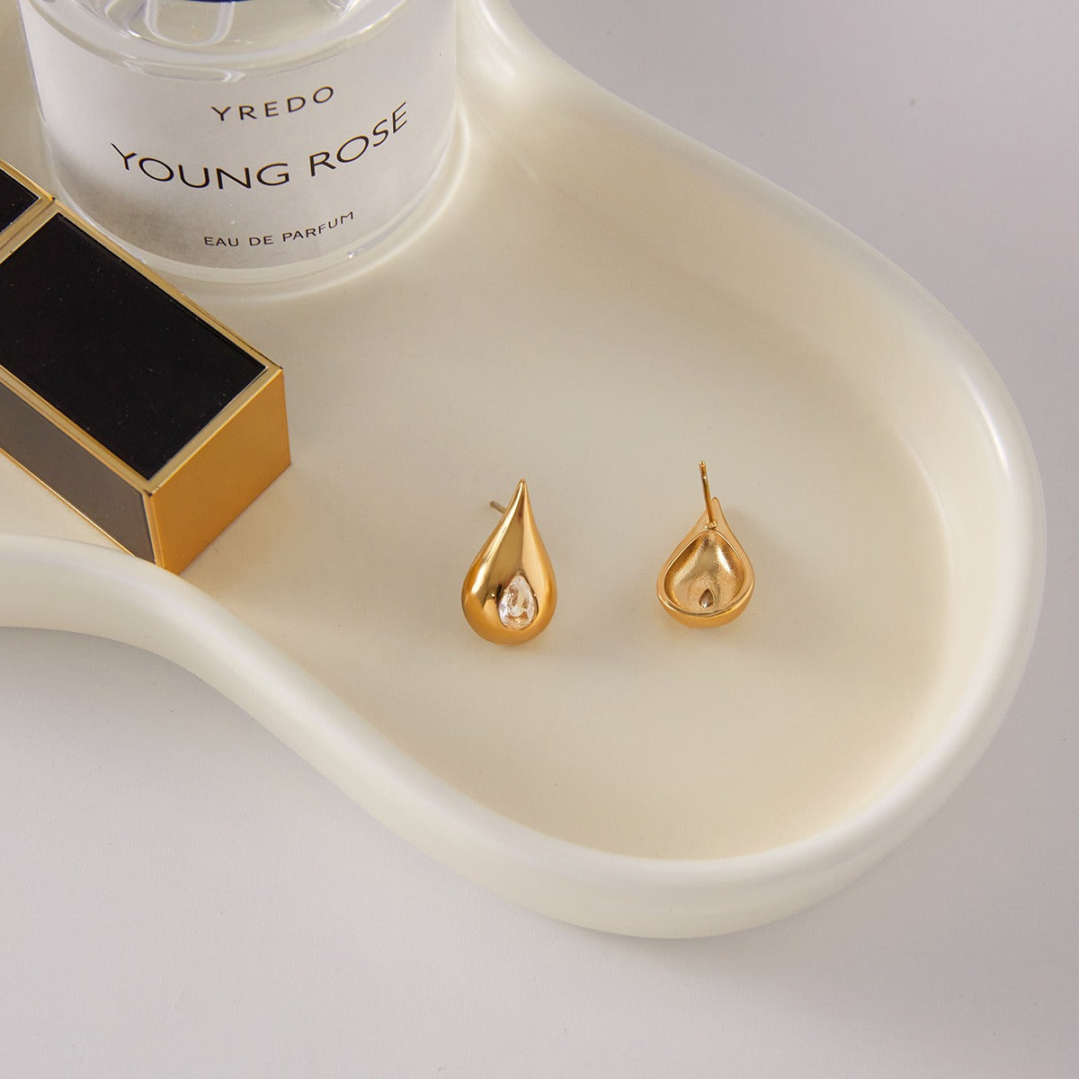 18K Gold Teardrop Earrings with Cubic Zirconia Inlay