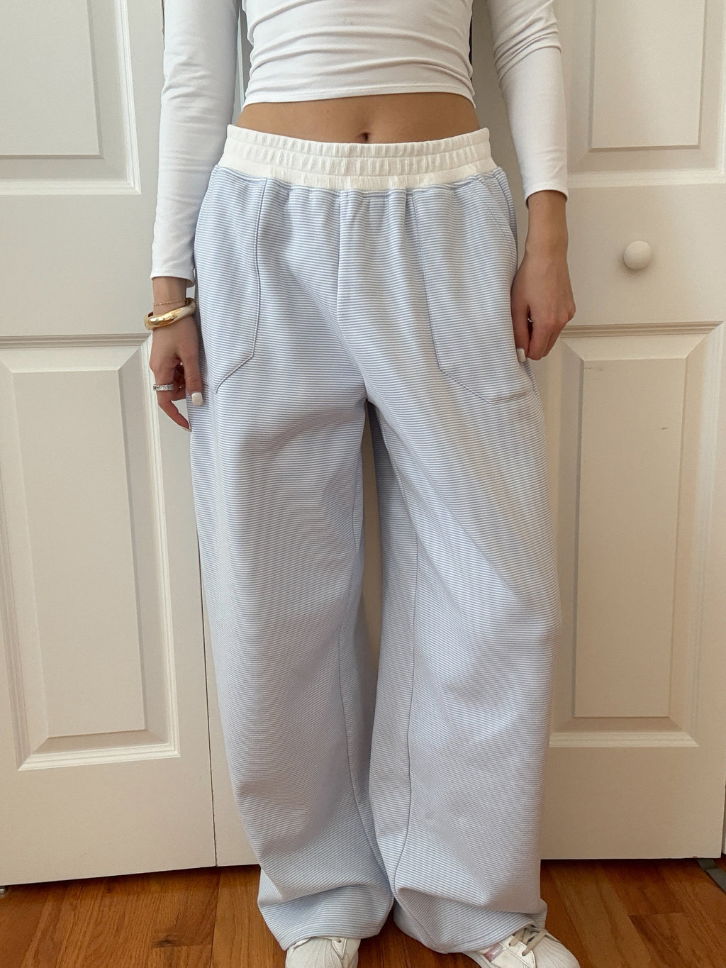 Blue and White Mini Striped Unisex Sweatpants Lounge Bottoms