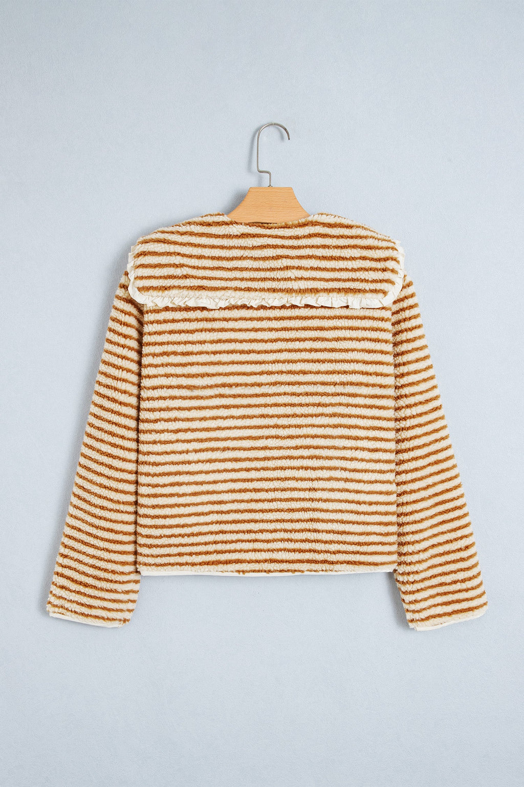 Stripe Fleece Ruffle Collar Button Front Jacket