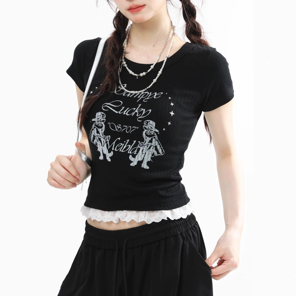 Women's Black Ribbed Graphic Tee with Lace Trim Short Sleeve - Image 3