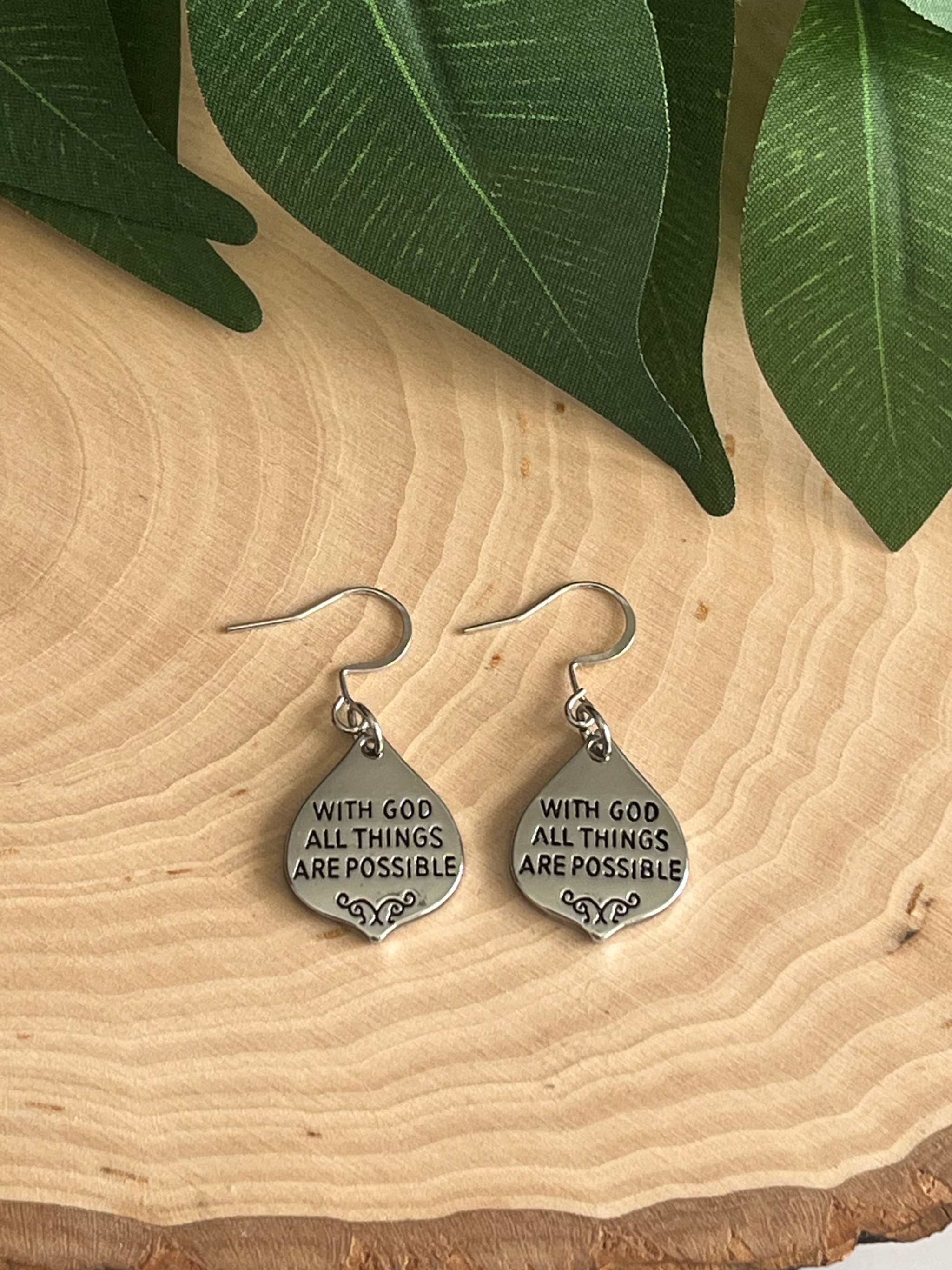 With God All Things Are Possible Silver Drop Earrings Religious