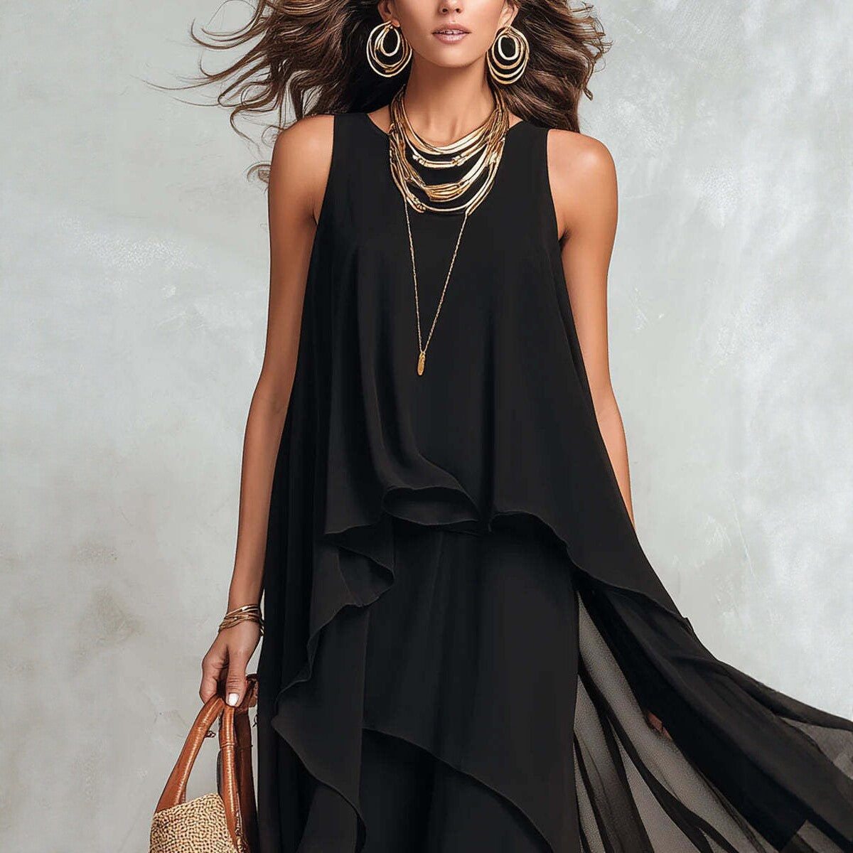 Black Asymmetrical Chiffon Maxi Dress - Flowy Sleeveless A-Line